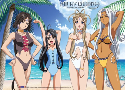 Ah! My Goddess Belldandy, Urd, Peorth, Skuld Beach Wall Scroll, an officially licensed product in our Ah! My Goddess Wall Scroll Posters department.