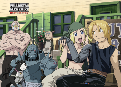 Fma Brotherhood Group At Rockbell's Shop Wall Scroll, an officially licensed product in our Fullmetal Alchemist Wall Scroll Posters department.