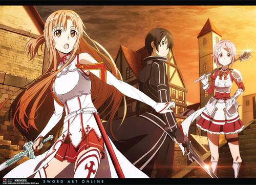 Sword Art Online Asuna, Kirito, Lizbeth Town Wallscroll, an officially licensed product in our Sword Art Online Wall Scroll Posters department.