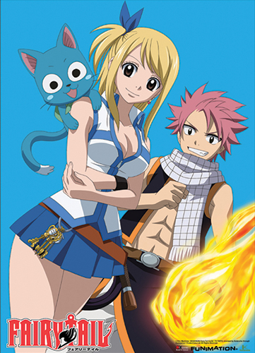 Fairy Tail Natsu, Lucy & Happy Turquoise Background Wallscroll, an officially licensed product in our Fairy Tail Wall Scroll Posters department.