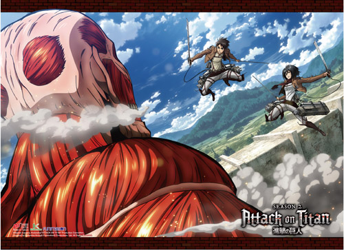 Attack On Titan S2 - Colossal Titan V.S. Eren & Mikasa Wall Scroll, an officially licensed product in our Attack On Titan Wall Scroll Posters department.
