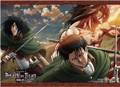 Attack On Titan 2 - Titan Eren, Mikasa & Levi Wall Scroll, an officially licensed product in our Attack On Titan Wall Scroll Posters department.