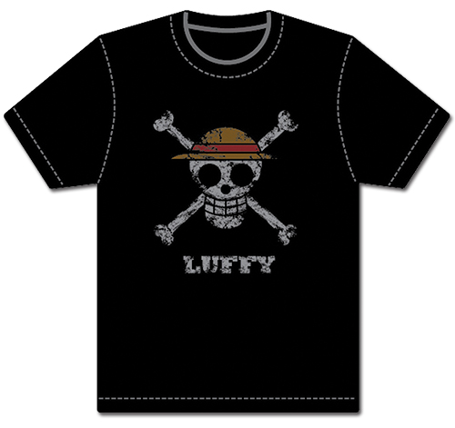 One Piece - Luffy Pirate Flag Distressed Men's Screen Print T-Shirt S, an officially licensed product in our One Piece T-Shirts department.