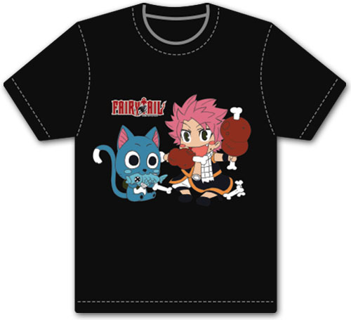 Fairy Tail - Happy & Natsu Eating Men's Screen Print T-Shirt L, an officially licensed product in our Fairy Tail T-Shirts department.